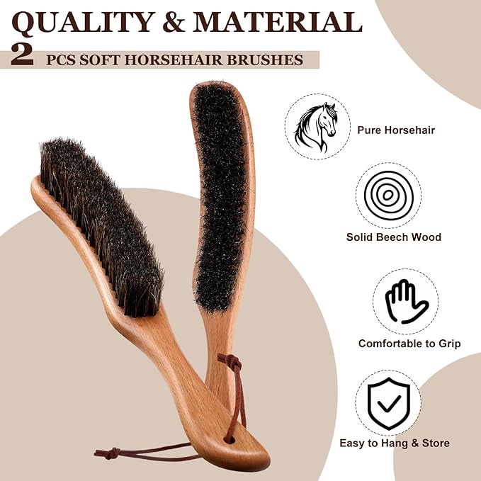Bokon 2 Pcs Lint Brushes for Clothes with 100% Soft Horse Hair Bristle Beech Wood Handle Natural Reusable Garment Brush Lint Remover for Hat Wool Coats Suits Cashmere Velvet Furniture Pet Hair Shoe