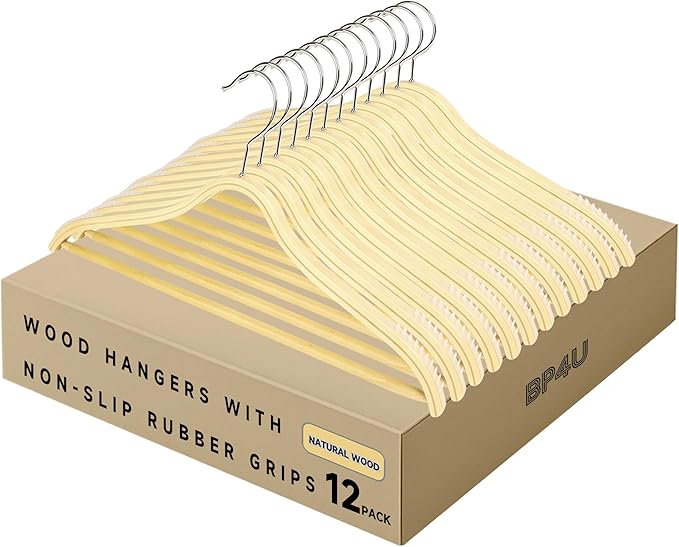 12-Pack Slim Wooden Hangers with Non-Slip Rubber Grips, Birch Plywood Hangers with Wood Pants Bar, Durable Space-Saving, Swivel Hook, No Shoulder Bumps for Shirts, Sweaters, Jackets & Dresses