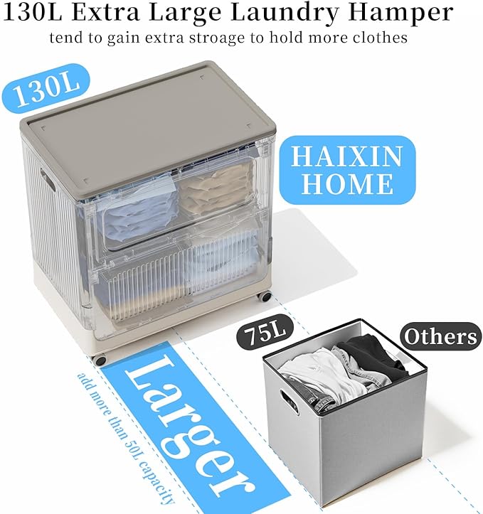 HAIXIN HOME Rolling Laundry Hamper with Lid, 130L Large Clothes Hampers for Laundry, Plastic Collapsible Laundry Baskets with Wheels and Lid, Install-Free & Easy to Transport to Laundry Room (2 Pack)