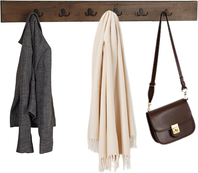 Pomona Metal and Wood Wall Coat Hook, 48 in. , Brown, 6-Hook Entryway Rack for Jackets, Scarves & Bags, Strong, Slim Wooden Design for Tight Spaces, Solid Finish, Solid Pine Wood & Metal