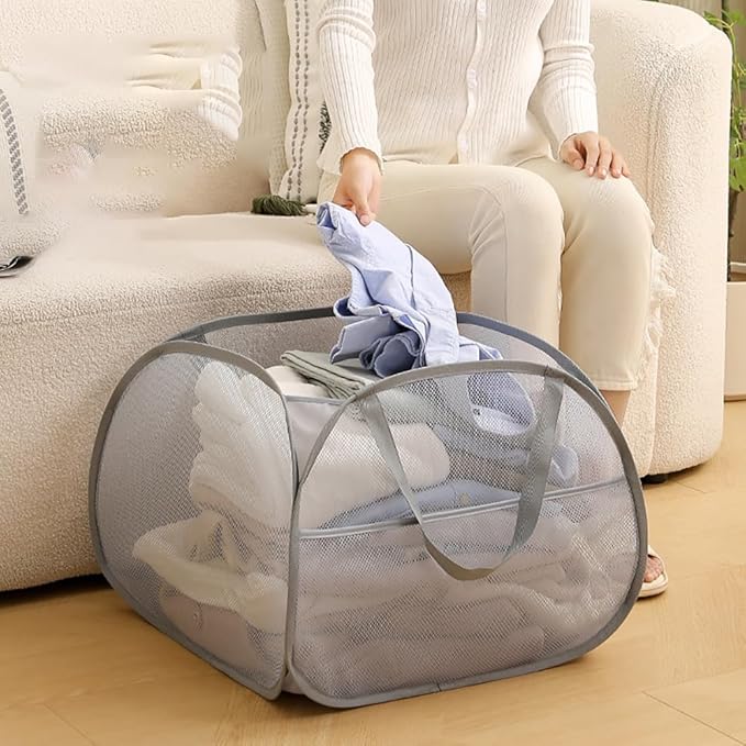 Mesh Laundry Basket,Foldable Mesh Laundry Basket,Simplized Popup Laundry Hamper,90L/24 gallons (Beige)