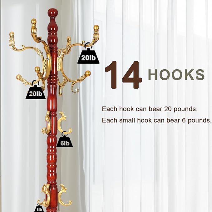 Wooden coat rack stand, Heavy duty coat racks tree freestanding with 14 Hooks and Sturdy Round Base, Coat tree for jacket,Hats, Bags, Purses, clothes (Round base-Begonia wood)
