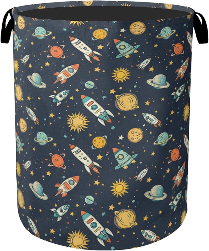 Cartoon Planet Space Foldable Canvas Laundry Basket with Handles - Toy Organizer, Heavy Duty for Home，Bedroom, Dorm, Bathroom
