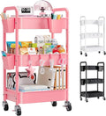 3 Tier Pink Rolling Cart with Lockable Wheels, Metal Utility Carts Organizer on Wheels for Kitchen, Nursery, Snack, Bedside Cart for Baby Essentials, Easy Assemble Mobile Storage Roller Trolley