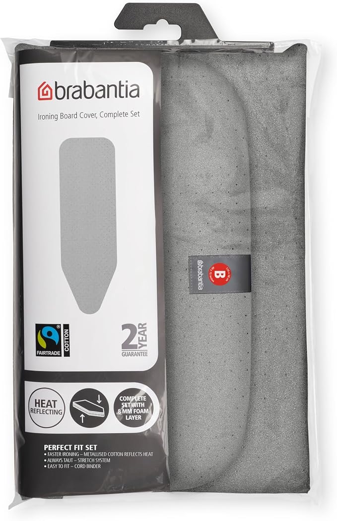 Brabantia Size B (49 x 15 in) Replacement Ironing Board Cover with Thick Foam & Felt Padding (Metallized) Easy-Fit, 100% Cotton