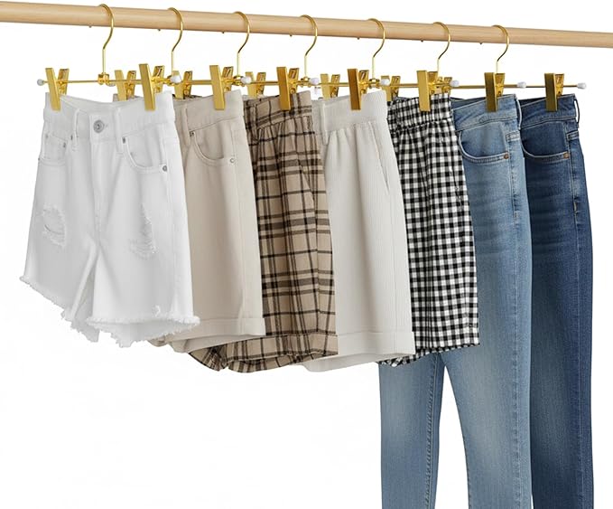 10 Pack Shiny Gold Metal Hangers 12 Inch Gold Pants Skirts Hanger with 2 Adjustable Non Slip Clips and Swivel Hook Sturdy Skirt Hangers with Clips for Skirts Slacks Jean Trousers
