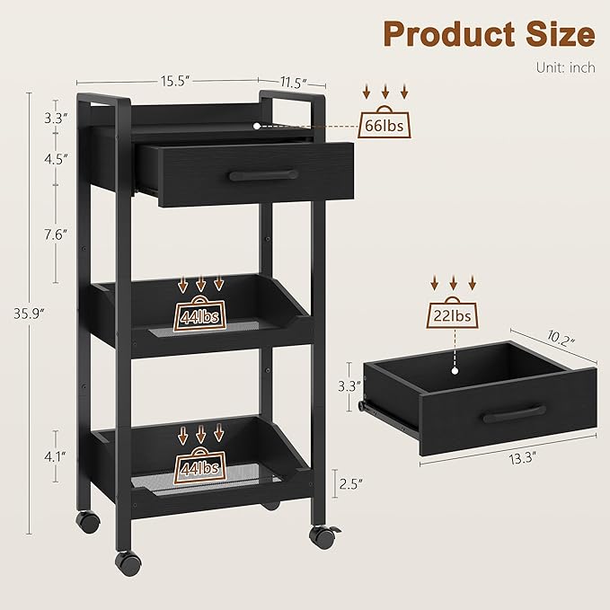 Hoctieon 3-Tier Rolling Storage Cart with Drawer, Rolling Utility Cart Organizer, Mobile Shelving Unit with Wheels, Metal Frame, Kitchen Utility Cart for Small Space, Office, Bathroom, Black