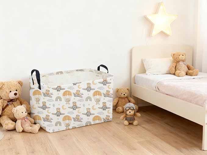 Sanjiaofeng Rectangular Kids Basket Bear Storage Bins,Cute Storage Basket with Handles.Clothers,Books,Kid's Gifts Bins. (Airplane Bear)