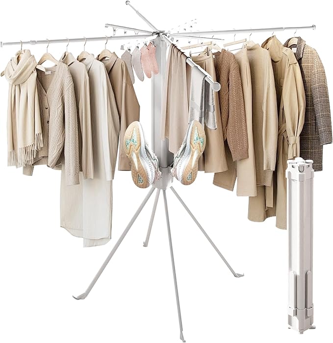 Four-Legged Clothes Drying Rack, Foldable & Collapsible Laundry Drying Rack, Drying Rack Clothing with Sock Clips & 4 Shoe Holders, Space-Saving Rack for Indoor and Outdoor Use
