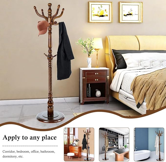 Wioao Coat Rack Stand, Solid Wooden Coat Tree with 11 Hooks, Heavy Duty Coat Rack Freestanding with Sturdy Round Base, Natural Birch Wood Coat Hanger Stand for Entryway Bedroom (brown circular)