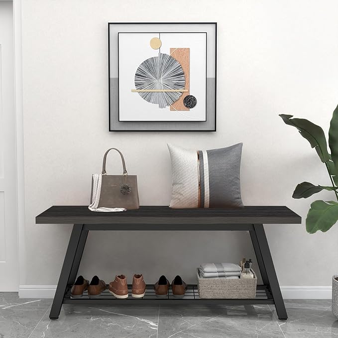 Industrial Entryway Bench Rustic Wood and Metal Storage Bench for Indoor Living Dining Room Bedroom Long Shoe Benches Seat (Charcoal Black)
