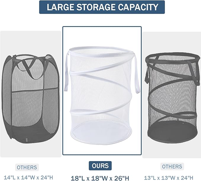 Seiritex Mesh Popup Laundry Hamper 115L Collapsible Laundry Basket Extra Large Capacity Foldable Clothing Storage Basket with Handles No Lid 26 H x 18 W x 18 L (White)