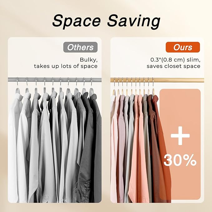 HOUSE DAY Slim Wooden Hangers 30 Pack, Solid Wood Hanger with Non Slip Shoulder Notches & Pant Bar, Smooth Finish Wood Clothes Hangers for Shirts, Suits, Jackets, Natural