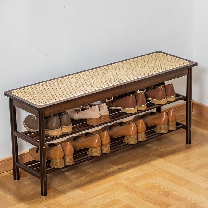 latifolia Shoe Rack Bench, 3-Tier Bamboo Shoe Bench with Breathable Rattan Seat Cushion, Shoe Storage Rack for Entryway(Walnut,39.70''L)