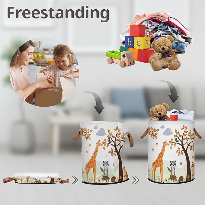 Kids Laundry Hamper Dirty Clothes Cute Animals Collapsible Polyester Sturdy Lightweight Storage Basket with Handles for Bedroom Bathroom Living Room