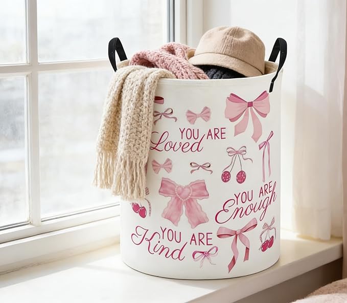 ESSME Kids Laundry Basket,Pink Hamper Collapsible Canvas Waterproof Storage Bin for Girls, Cute Hamper,Gift Baskets(bow)