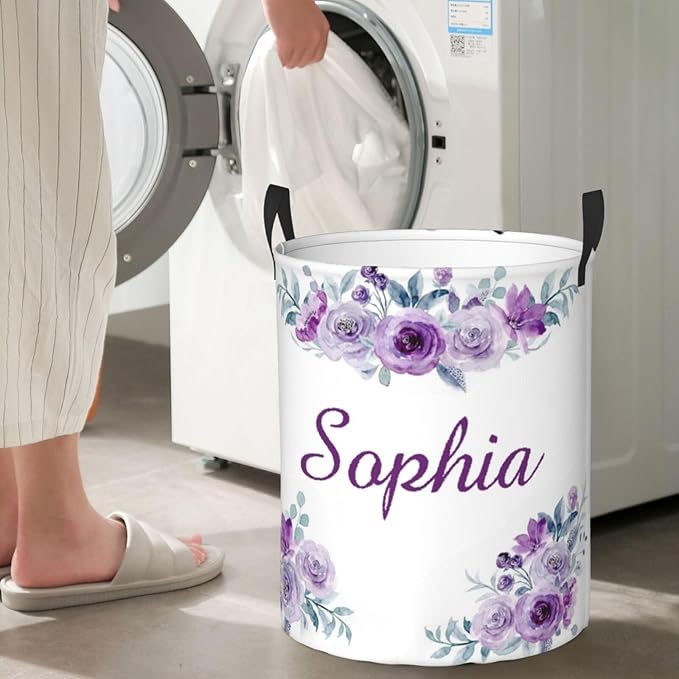 Personalized Laundry Basket for Nursery, Custom Nursery Laundry Hamper with Name, Customize Baby Clothes Circular Hamper for Boys Girls Room Decor, Purple Floral