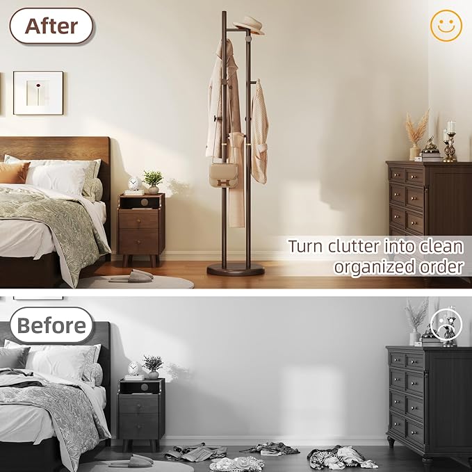 CozyDH Coat Rack Wooden Freestanding - Wood Coat Rack Freestanding Heavy Duty, Wooden Coat Stand with 6 Hooks Creative Look for Entryway, Hallway, Bedroom (Dark Walnut)