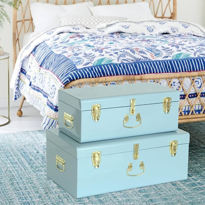 Vixdonos Metal Trunk Decorative Storage Box Set of 2 College Dorm Chest with Handle (Light Blue)