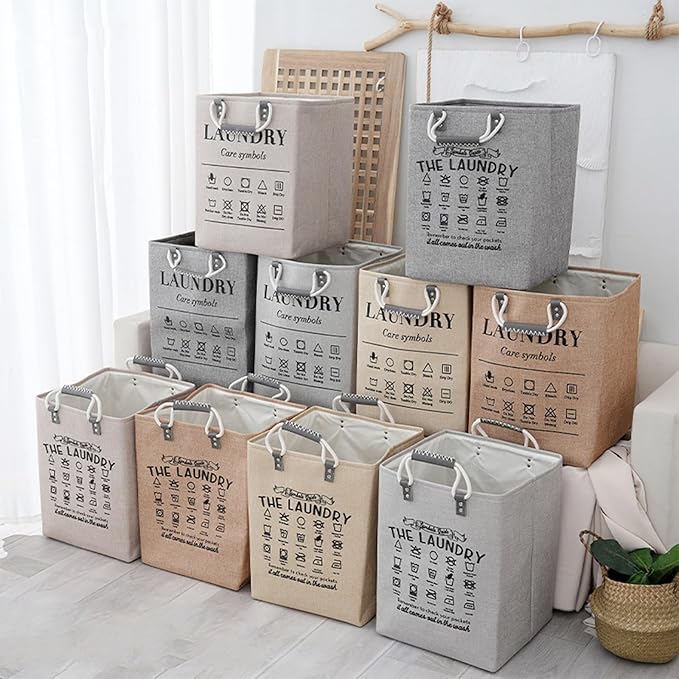Small Laundry Basket, 50L Foldable Laundry Hamper Organizer with Handles, Fashion Portable Laundry Basket in Bedroom, Laundry Room, Closet, Bathroom, College Dorm (Beige)