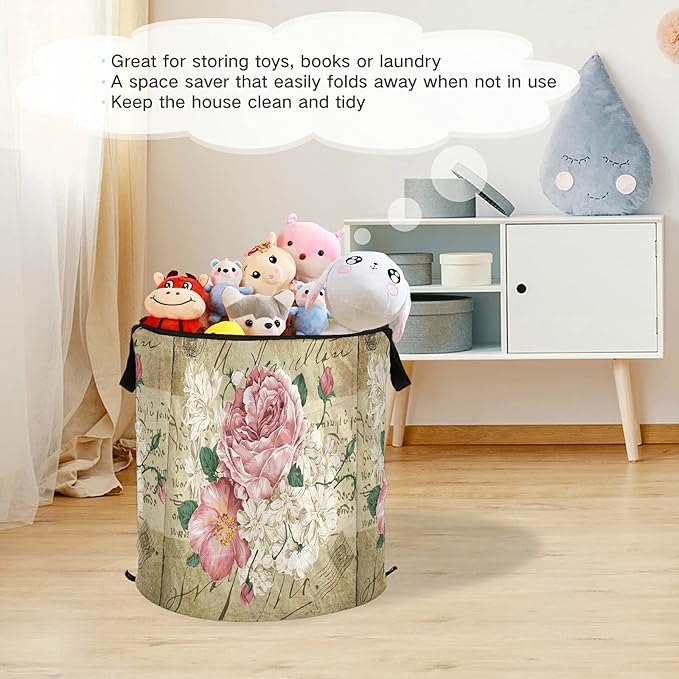 ALAZA 50 L Pop-up Laundry Hamper, Vintage Shabby Chic Pink Rose Floral Freestanding Collapsible Large Clothes Basket for Clothes Toys