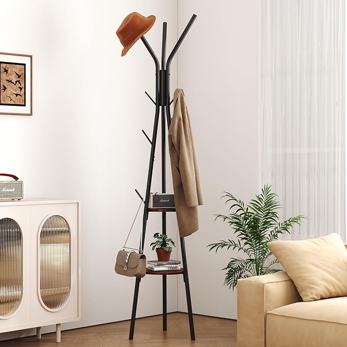 HOMEFORT Coat Rack, Coat Hanger Stand with 2 Shelves, Freestanding Hall Tree, Metal Hat Hanger with 12 Hooks for Clothes Hats and Scarves, Black and Rustic Brown,15.7" Wx15.7 Dx72.8H