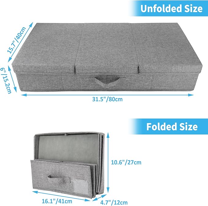 2 Pack 48L Under Bed Storage Containers, 6 Inches Tall Foldable Underbed Clothes Storage with Lids&3 Handles, 31.5 x 15.7 x 6 inches Low Profile Stackable Bins Box for Bedroom Blankets Clothes Shoes