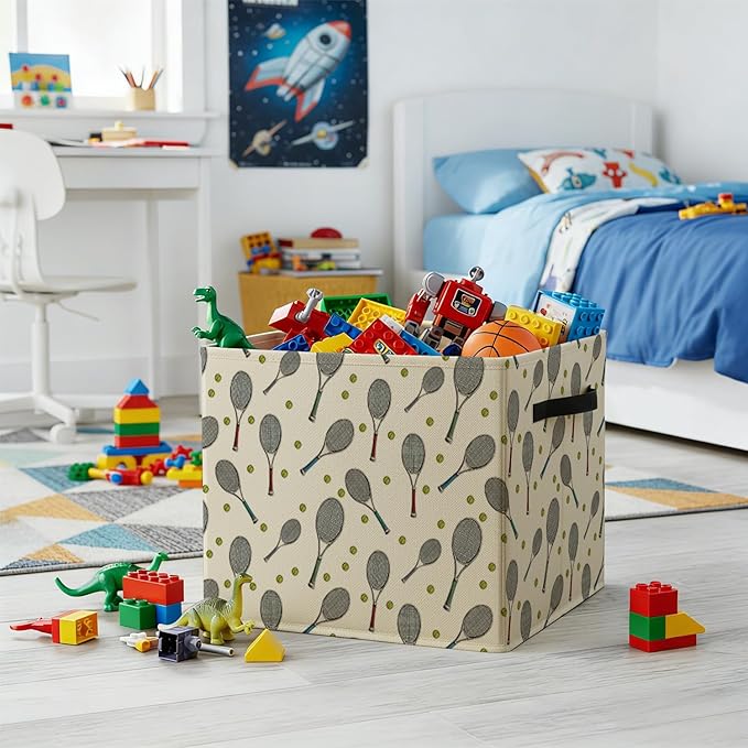Tennis Gifts Storage Bin Box with Handles, Gifts for Tennis Lovers Foldable Baskets Organizer for Bedroom Bathroom Home Sports Room Clothes Toys Books, Toybox for Boys Girls