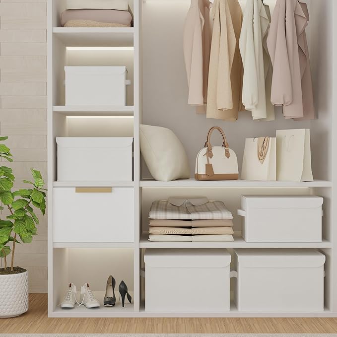 Foldable Storage Bin, Cube Organizer Basket with Flip-Top Lid and 2 Handles, Decorative Boxes for Shelves with Cover for Clothes, Towels, Blanket, 2 Pack, White, 13 x 9 x 7.9 In, XSNY12WM-2