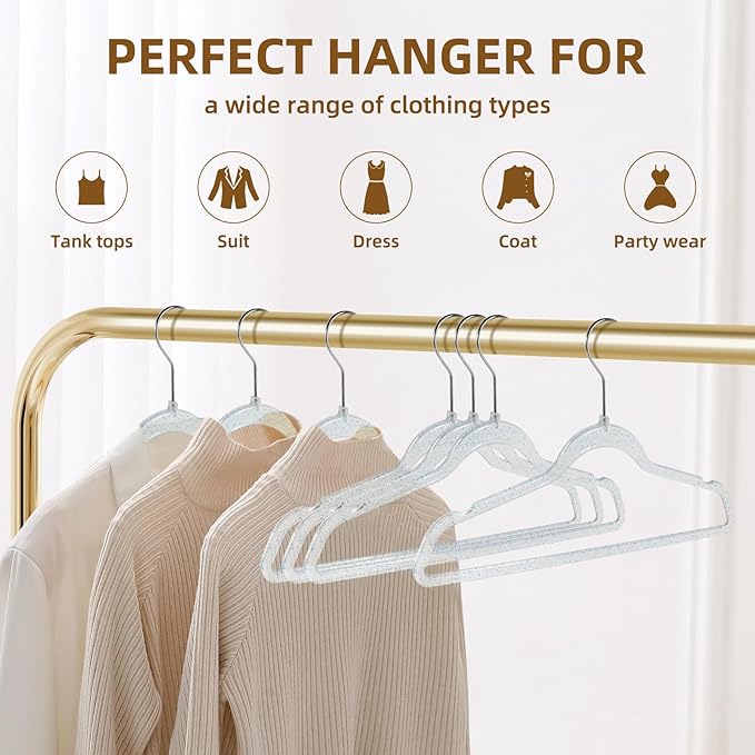 Clear Plastic Hangers 20 Pack - Non-Slip with Blue Glitter - Lightweight and Space Saving for Closet Organization, Perfect for Weddings.
