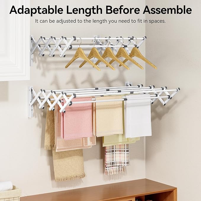 APEXCHASER Wall Mounted Clothes Drying Rack Laundry Drying Rack Retractable, Towel Racks Wall Mounted for Bathroom Balcony Laundry Room Indoor, Foldable Accordion Dryer Rack for Clothing, White