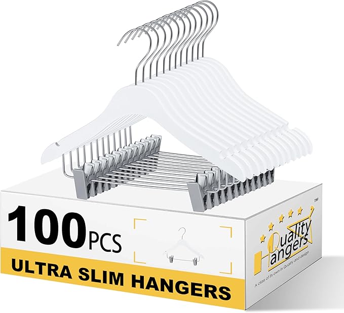 Quality 12-Inch Ultra Slim Kids Wooden Hangers – 100-Pack – Space Saving White Design with Nickel Swivel Hook – for Baby Clothes, Shirts & Dresses (White, Skirt/Blouse, 100 Pack)