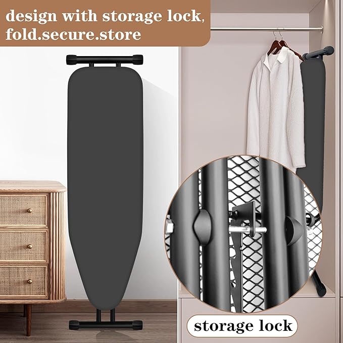 Ironing Board, Compact and Space Saver,Size 13 x 43, Metal Construction Ironing Boards with Extra Thick Heavy Duty Padded, Stable Structure,Skid Feet, Premium Iron Board (Black)