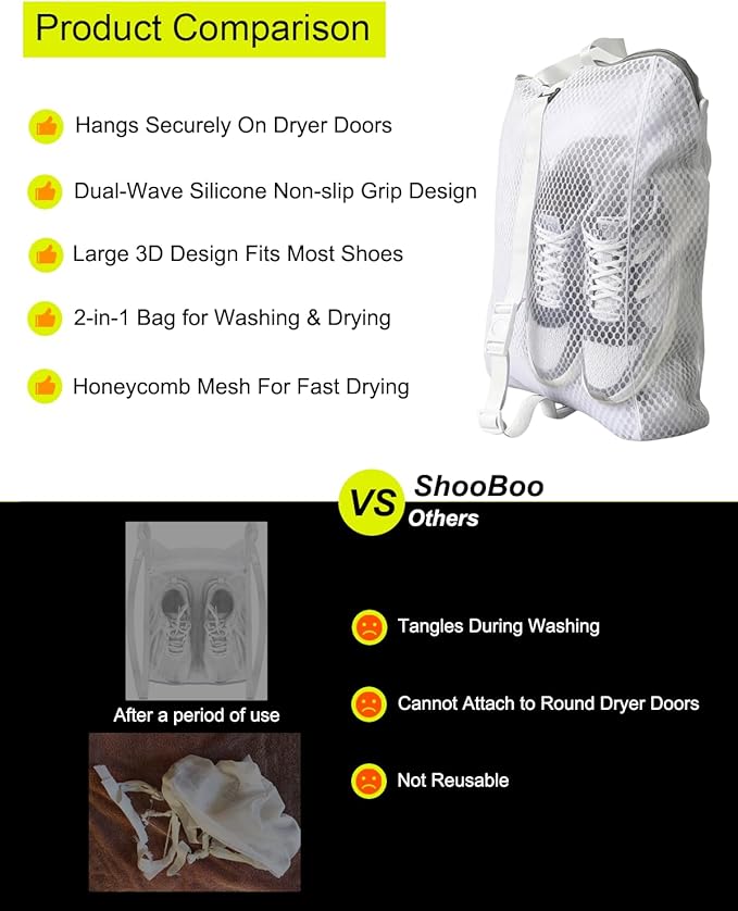 3D Sneaker Dryer Bag, 2-In-1 Shoe Wash and Dry Net Bag for Dryer Door with Non-Slip Elastic Straps, Large Mesh Laundry Bag for Shoes, White, 15.7 x 11.8 x 3.1 Inches