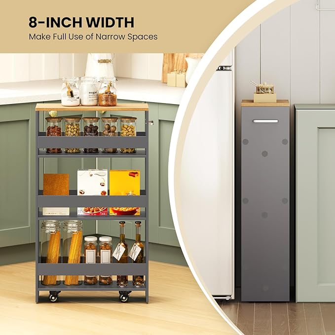 Small Kitchen Cart, 4-Tier Slim Rolling Island w/Handle, Laundry Room Storage Organizers Between Washer and Dryer, Narrow Spice Rack on Wheels Next to Fridge (Gray, 8'')