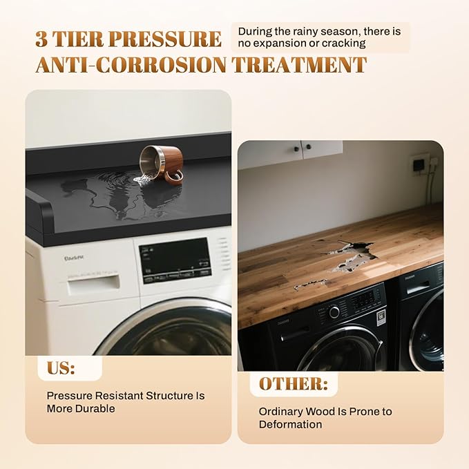 GCCSJ Washer Dryer Countertop, 54" Width x 27.5" Depth Wood Laundry Topper with Edge & Non-Slip Pads for Laundry Room Organization Storage & Clothes Folding, Black