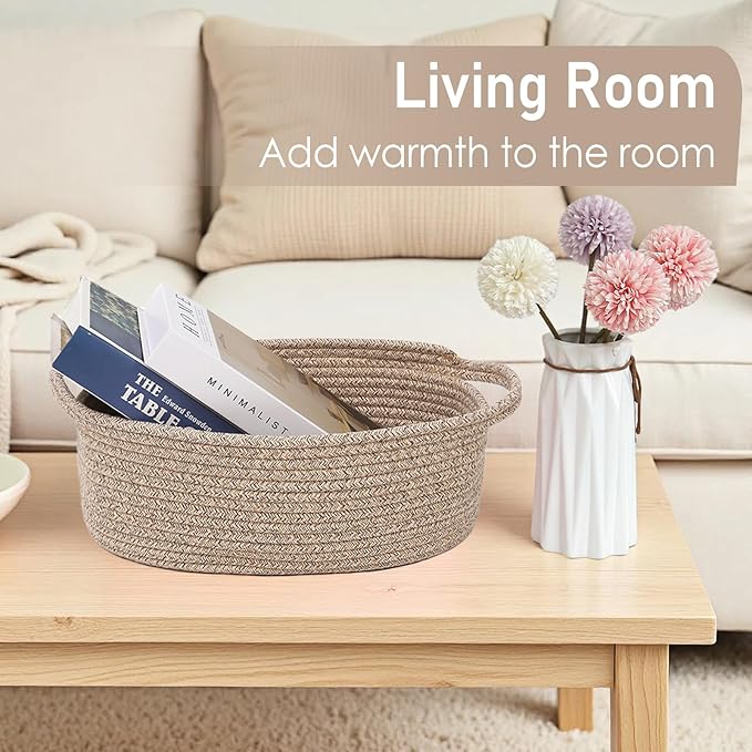 Woven Basket,Small Rope Storage Bin with Handles & Ribbon Bag, Organizer for Shelves Closets,Gift Basket Empty for Birthday,Books,Dog Toys,Oatmeal