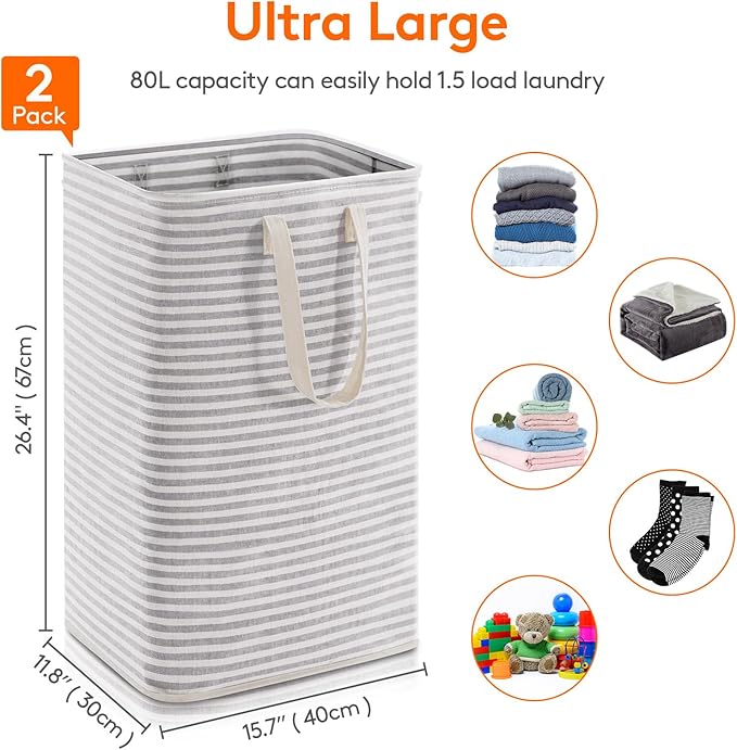 Lifewit 2 Pack Laundry Basket 80L Each - Collapsible Clothes Hamper with Reinforced Handles - Freestanding Waterproof Design for Bedroom and Laundry Room - Grey 160L Total