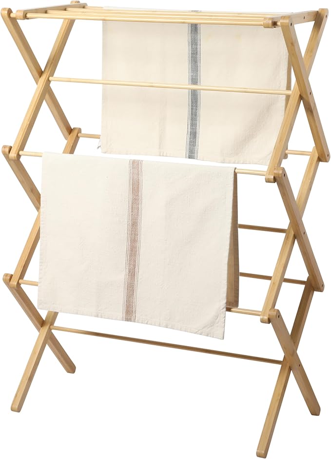 Gibson Home Riverrun Foldable Bamboo Drying Rack for Clothes & Towels – 2-Tier Collapsible Laundry Drying Rack, Space-Saving Air Dry Stand for Clothes, Towels, Blankets, etc for Indoor & Outdoor Use