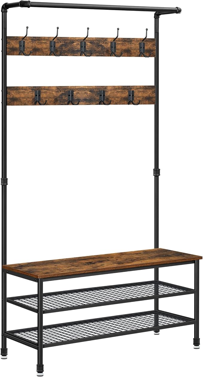 VASAGLE DAINTREE 3-in-1 Entryway Coat Rack and Storage Bench, Pipe Style Hall Tree with 9 Hooks, Multifunctional, Sturdy Steel Frame, Large Size, Industrial, Rustic Brown and Black UHSR47BX