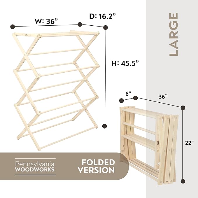 Pennsylvania Woodworks Premium American Maple Clothes Drying Rack - Handcrafted in Pennsylvania - Solid Wood Construction, Collapsible, Eco-Friendly Laundry Solution (Large)