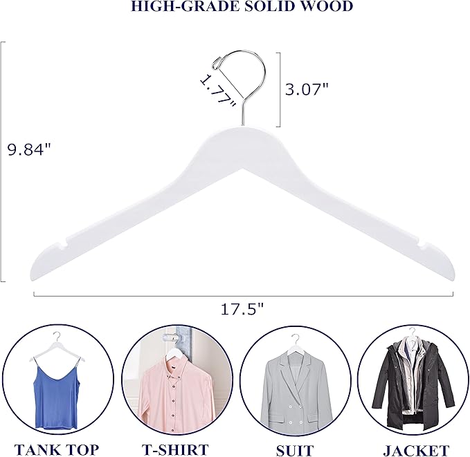 Amber Home 10 Pack White Wooden Hangers, White Wood Shirt Hangers with Notches for Dress, Clothes Hangers for Jacket, Coat, Bridal (White, 10)