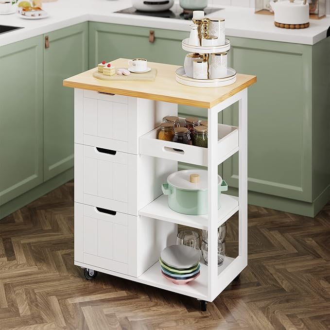 SUNLEI Kitchen Island with Storage Cart Rolling Moveable Microwave Microwave cart with 3 Drawers on Wheels Portable Mobile Narrow Kitchen Island, White