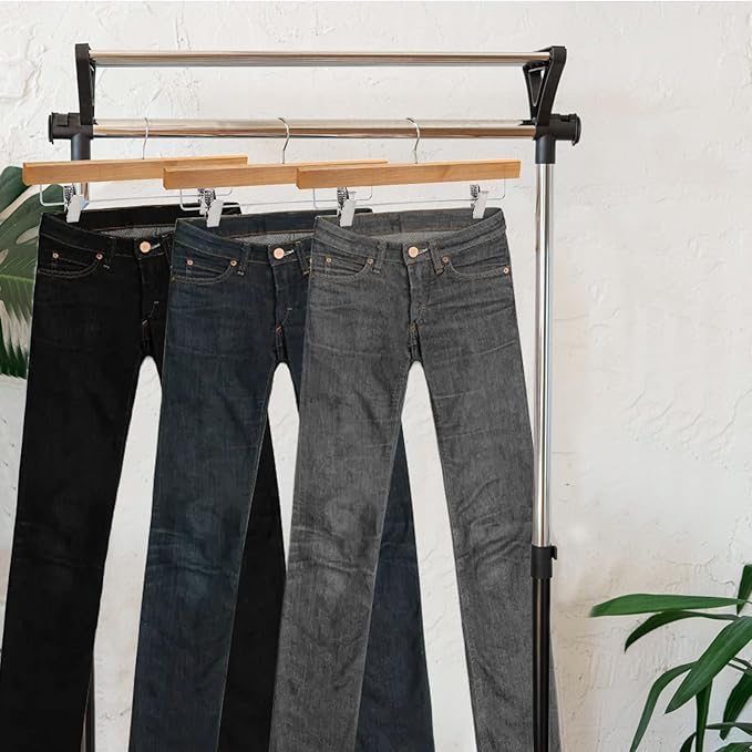 Tosnail 12 Pack Wooden Pants Skirt Hangers with Adjustable Clips, Solid Wood Jeans Hangers with Chromed Swivel Hook, Trouser Hanger for Men and Women's Clothing Closet Organizer