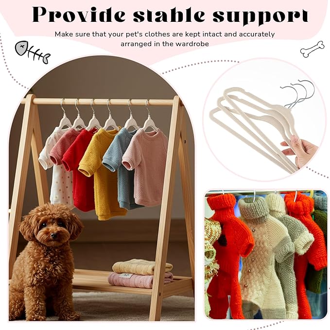 Weysat 12 Pcs Dog Clothes Hangers 11'' Non-Slip & 360° Swivel Velvet Small Pet Beige Hangers for Cats/Dogs with Rustproof Metal Hooks, Space-Saving for Home Storage & Grooming Salons Minimalism