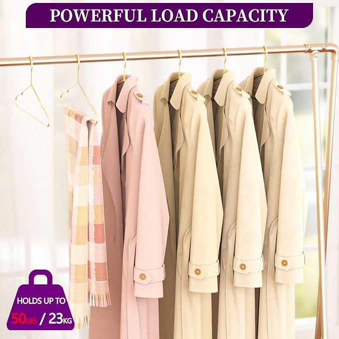 60Pack Gold Hangers + 10 Clothes Pins, Premium Glossy Gold Strong Metal Hangers, Upgraded Thickened Reinforced 50lbs Weight Capacity, Suitable for Heavy Coats, Jackets, Shirts, Dresses