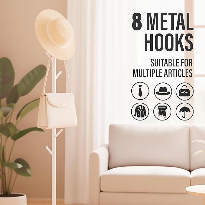 Coat Rack Freestanding Metal Clothing Rack – Modern Clothes Organizer with 8 Coat Hooks – Space-Saving Hall Tree for Entryway, Bedroom, Office – Sturdy Minimalist Coat Hanger & Garment Rack (White)