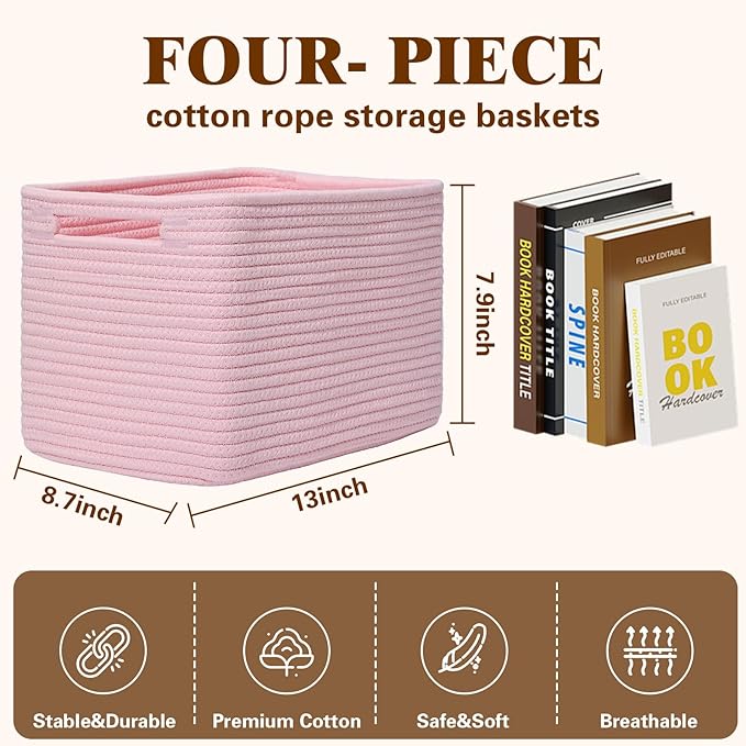Storage Baskets for Organizing, 4 Pack Baskets for Shelves, Decorative Storage Bins for Shelves, Cotton Rope Storage Basket with Handles, Woven Basket for Storage, 13''Lx8.7''Wx7.9''H, Pink