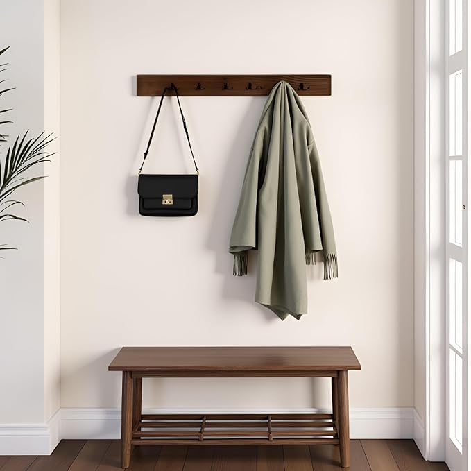 Pomona Metal and Wood Wall Coat Hook, 48 in. , Brown, 6-Hook Entryway Rack for Jackets, Scarves & Bags, Strong, Slim Wooden Design for Tight Spaces, Solid Finish, Solid Pine Wood & Metal