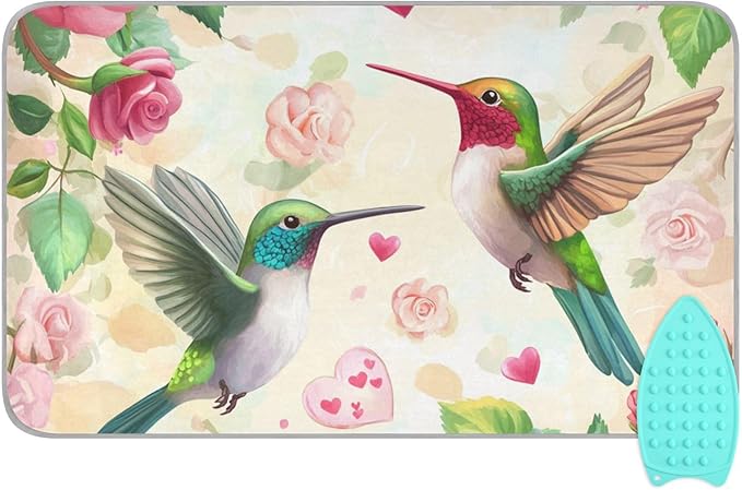 Ironing Mat &Pad Magnetic Heat Resistant Pads Portable Travel Ironing Blanket Ironing Board Covers 27.6x47.2Inches Hummingbirds Roses and Hearts01